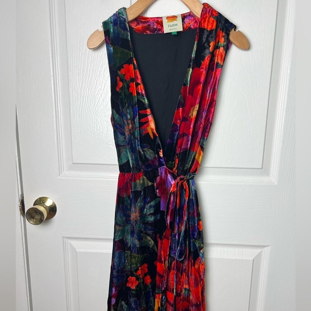 Farm Rio Velvet Black Multi Beaded Fringe Belt Flower Season Maxi Wrap Dress XS - Picture 3 of 9